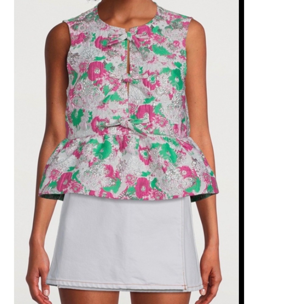 Ganni Blouse Tie Feont Floral Jacquard Pink White Silver Women 6/
Medium Holiday